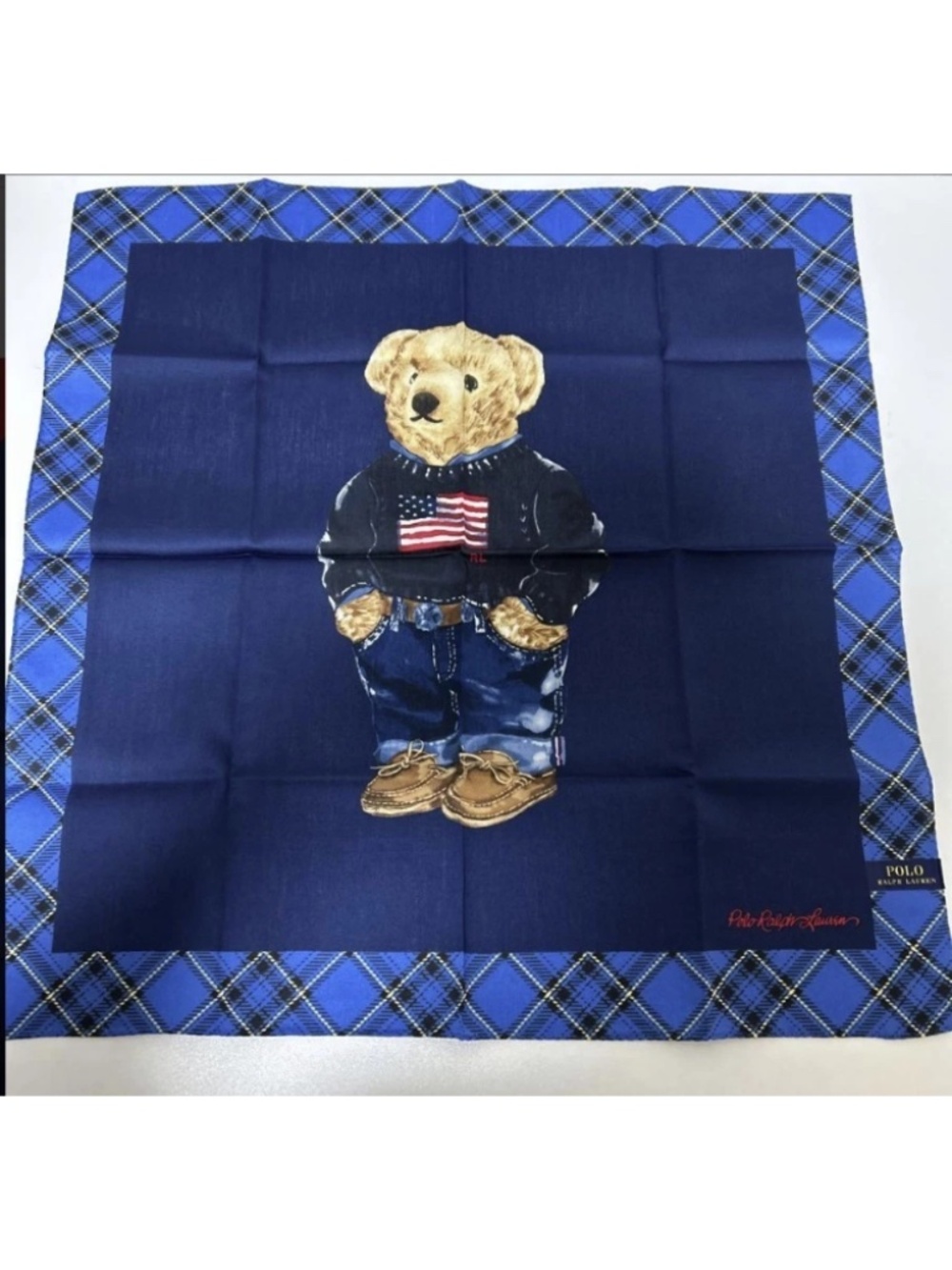 NEW Polo Ralph Lauren Bear Cotton Handkerchief Scarf Pocket Square Blue Sweater